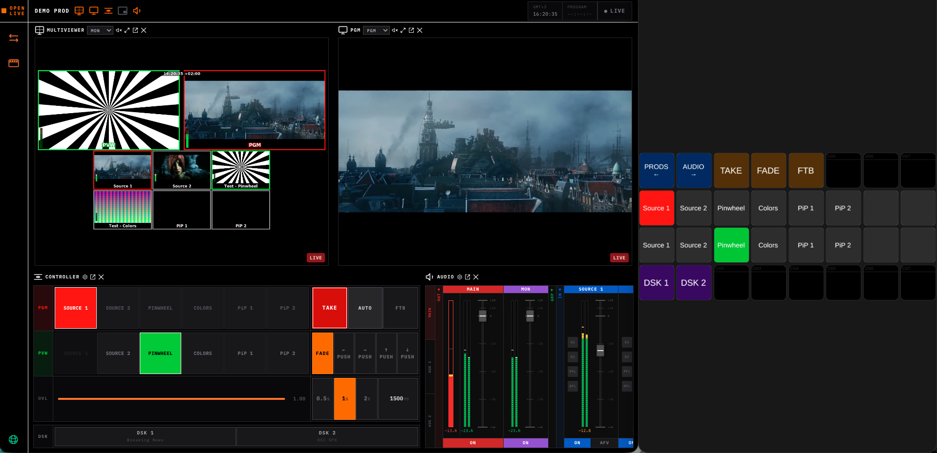 Open Live production interface showing the configurable multi-panel layout